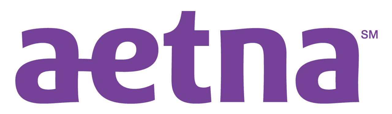 Logo for helath insurance Aetna, a wavy font style with jus the word aetna and a small SM in the top right corner